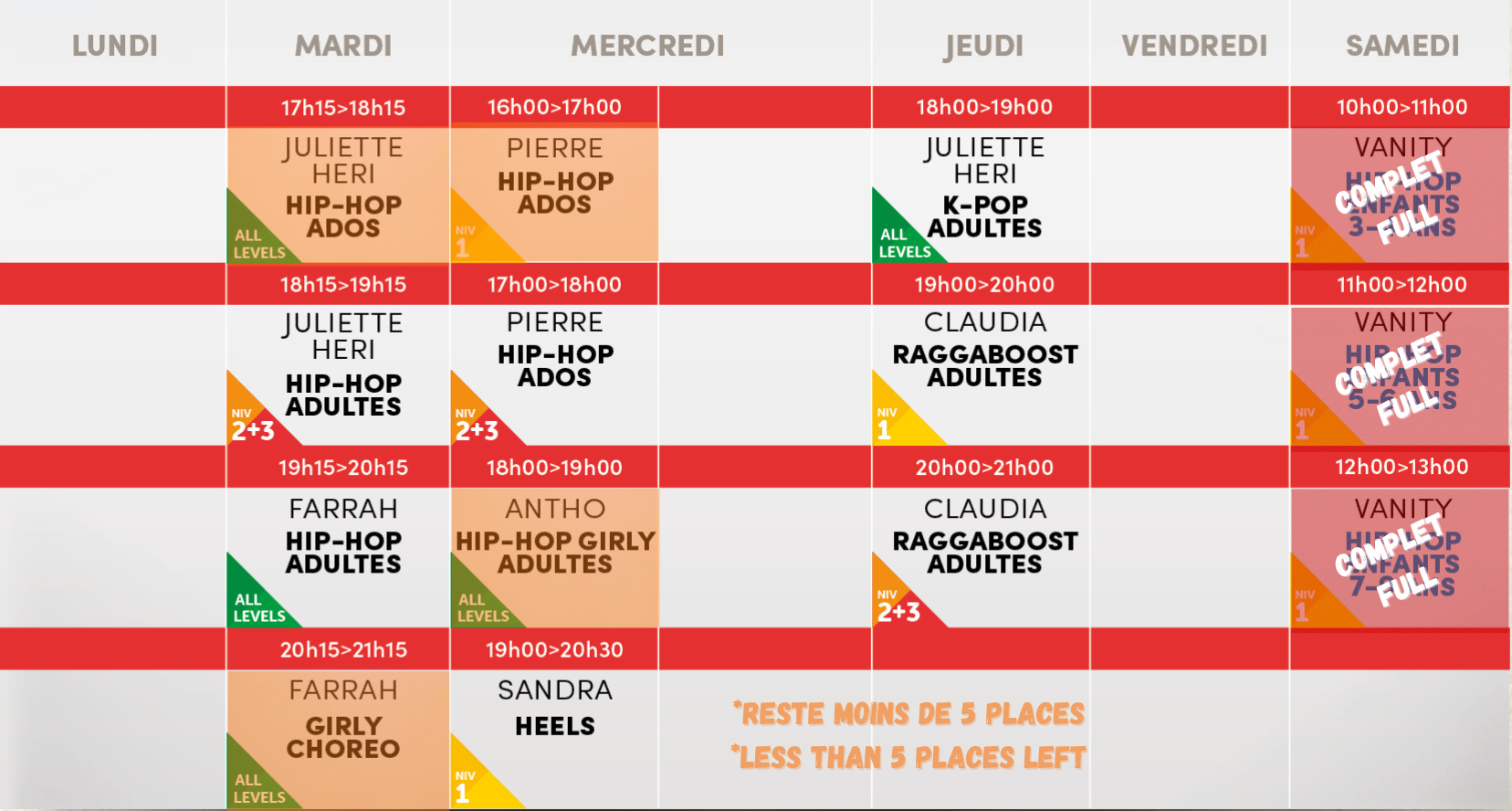 Studio Vibes timetable horaire - Salle 2 - Disponible mi-août