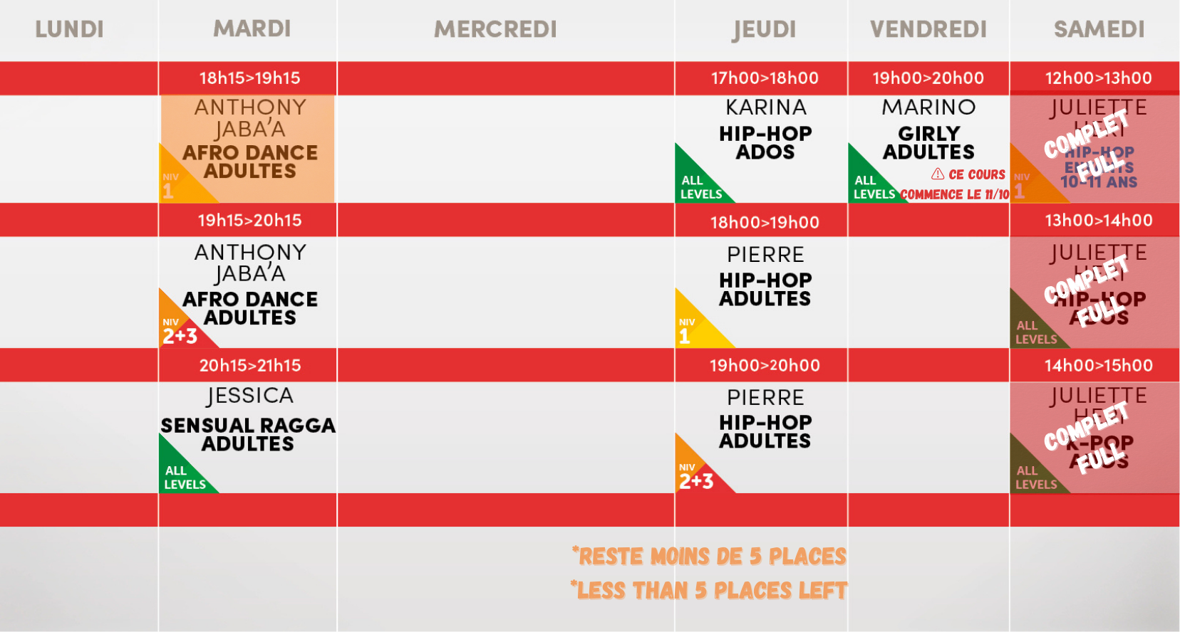 Studio Vibes timetable horaire - Salle 1 - Disponible mi-août